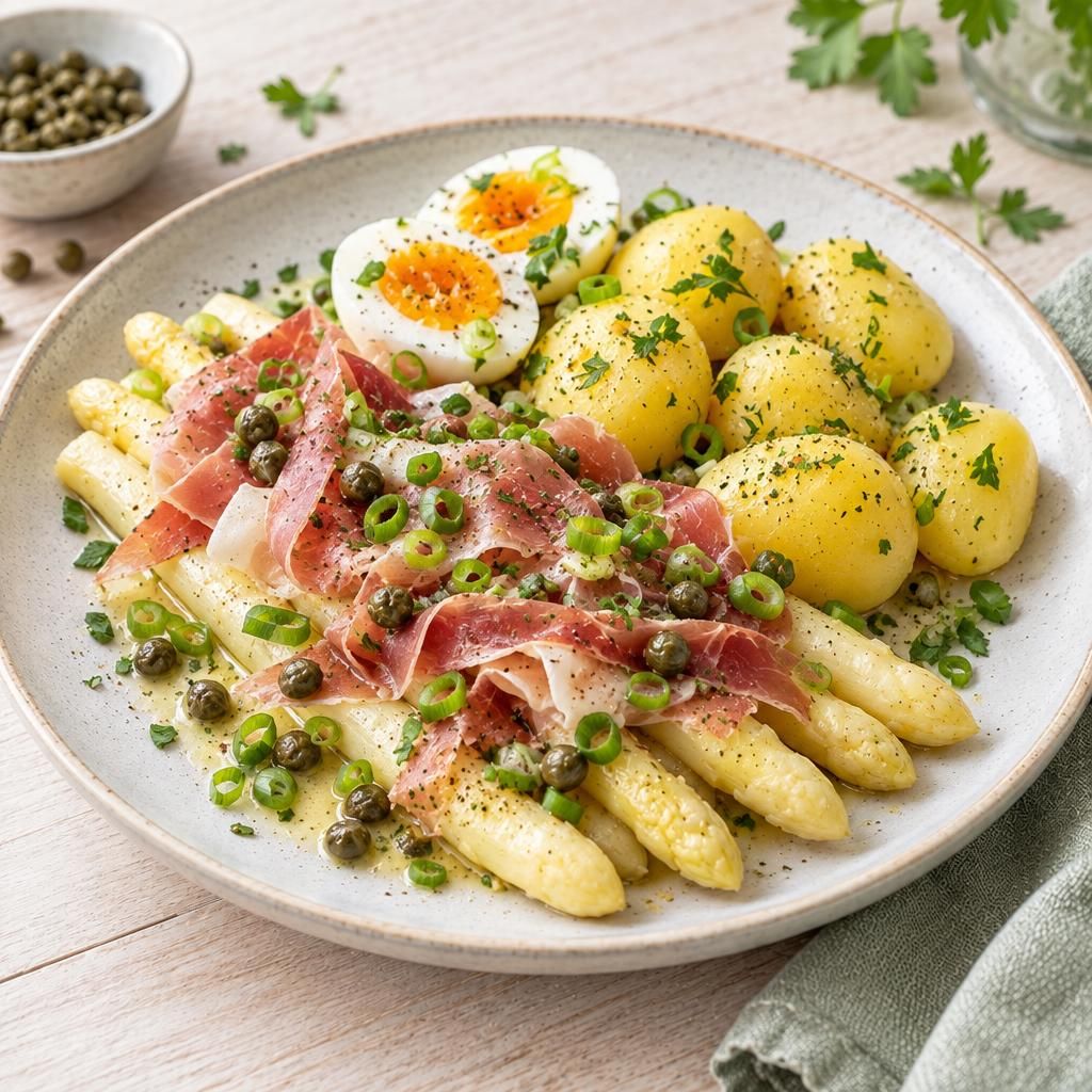 Spargel mit Schinken und Ei, dazu Salzkartoffeln