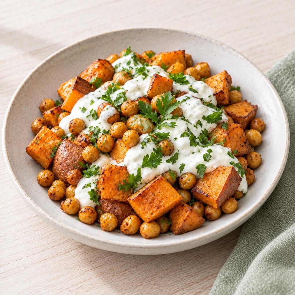 Ofen-Süßkartoffel mit Kichererbsen und Joghurt