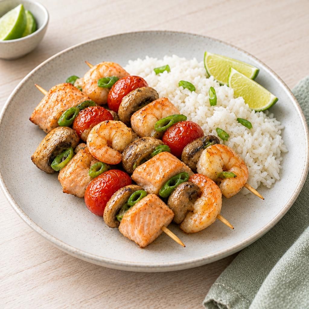 Fisch-Garnelen-Spieße mit Reis
