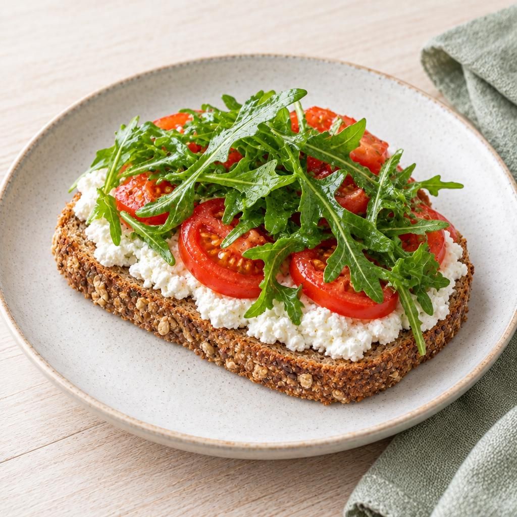 Bauernbrot mit Frischkäse und Tomaten-Rucola-Topping