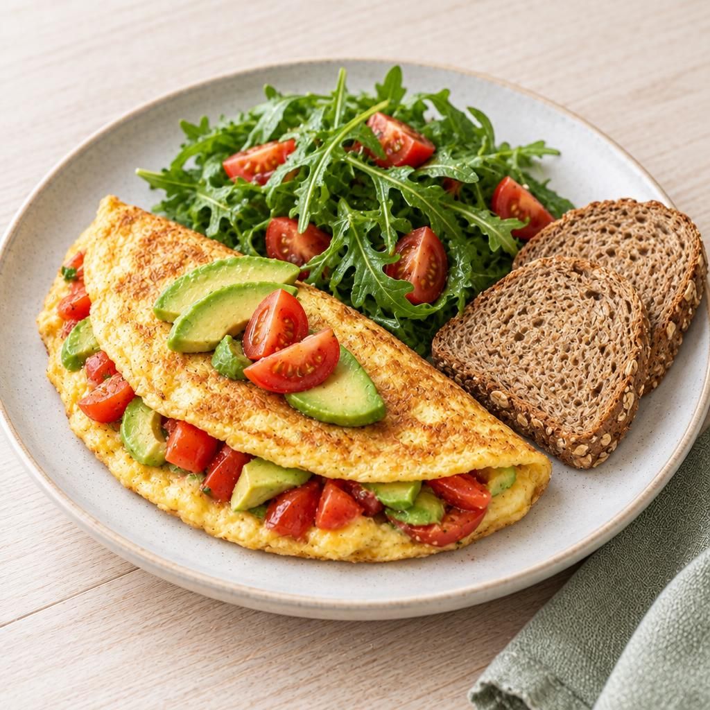 Omelett mit Avocado und Tomaten, dazu Vollkornbrot