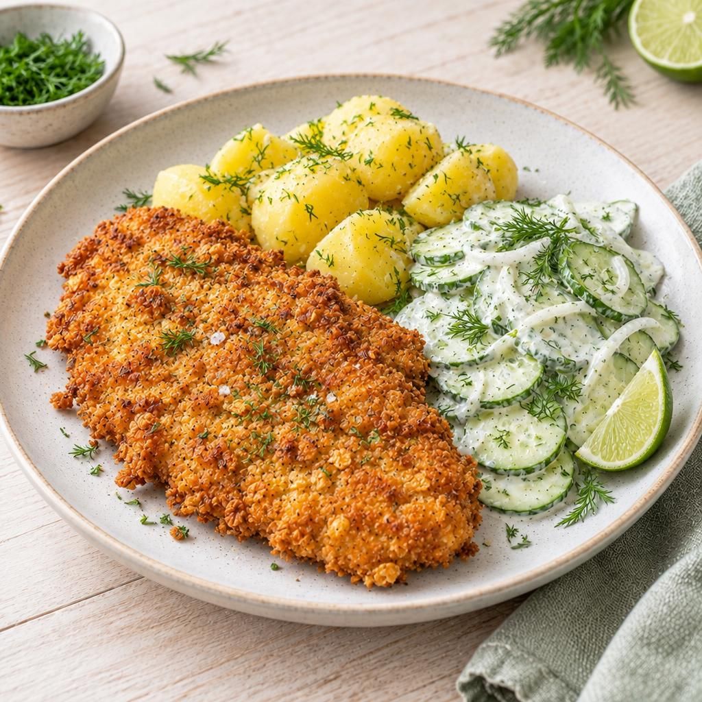 Vegane Kohlrabi-Schnitzel mit Gurkensalat und Salzkartoffeln