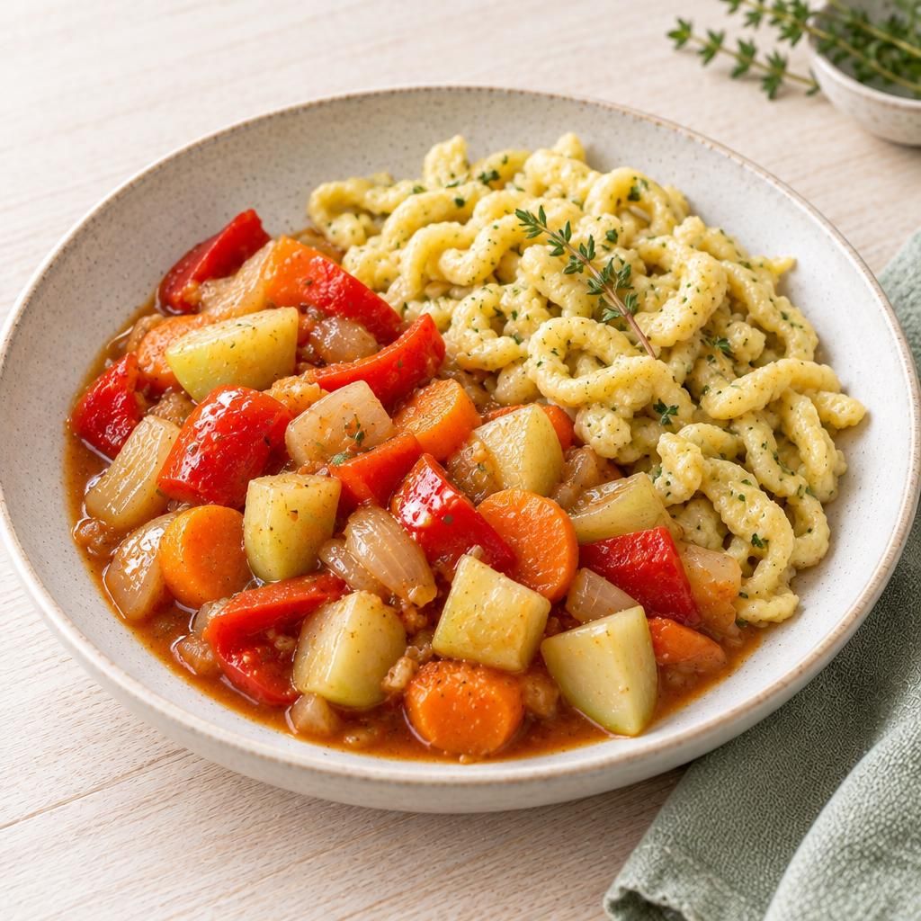 Kräuterspätzle-Gemüsegulasch