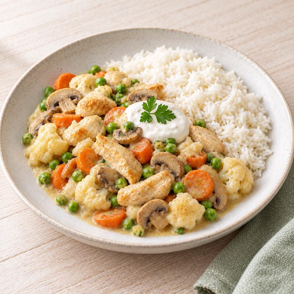 Hähnchen-Gemüse-Topf mit Reis