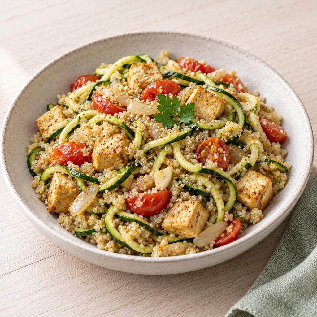 Quinoa-Pfanne mit Zucchini-Spaghetti und Tofu