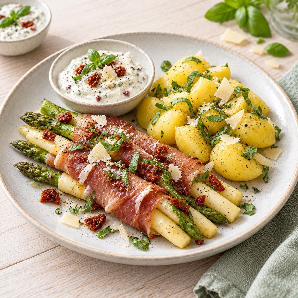 Spargel im Schinkenmantel mit Dip und Salzkartoffeln