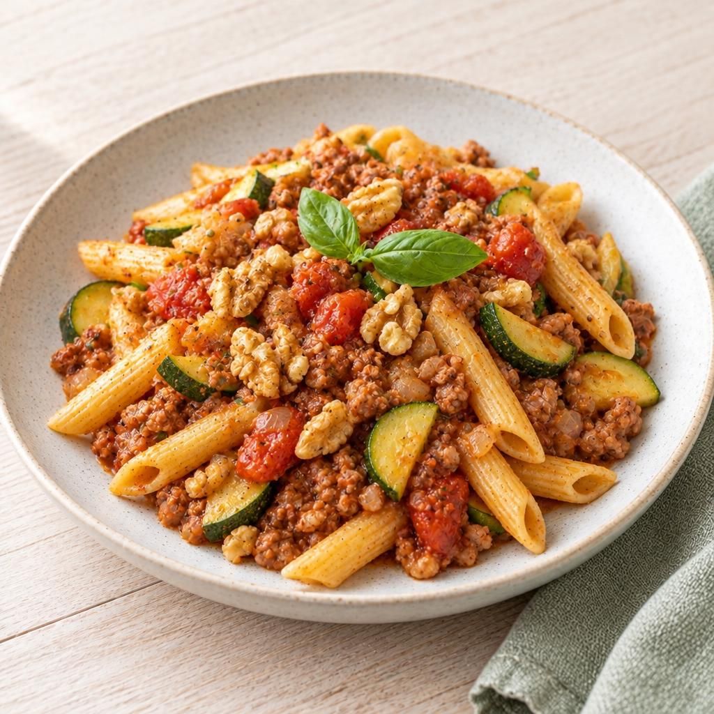 Nudeln mit nussiger Bolognese
