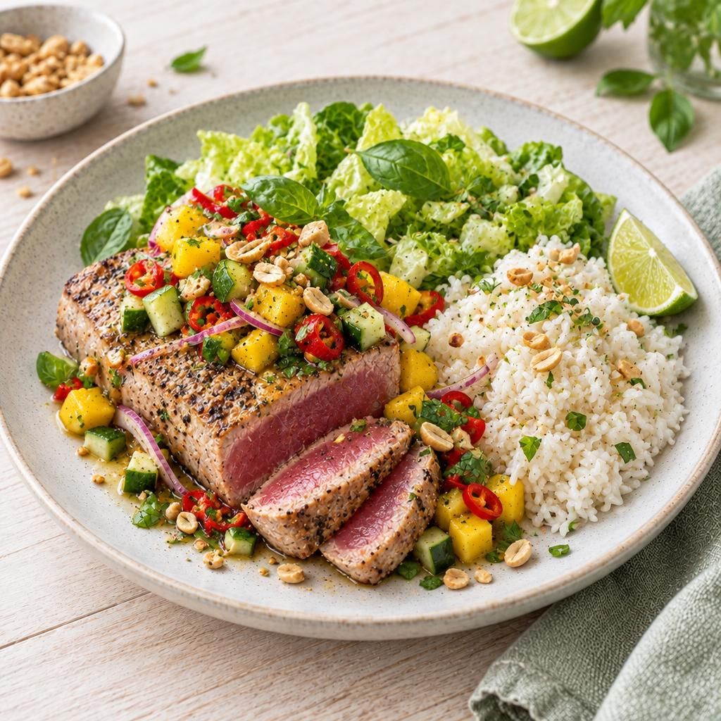 Thunfischsteak mit Salsa und Reis