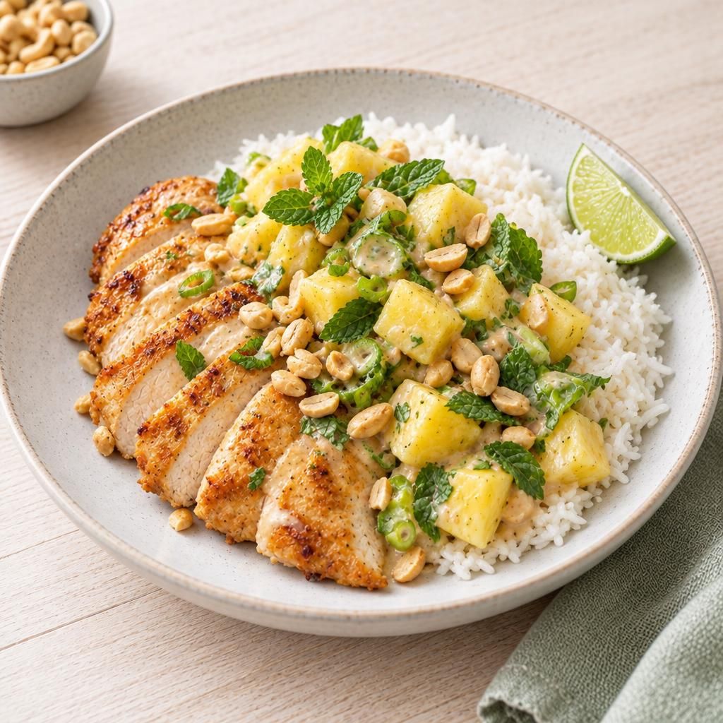 Hähnchen mit Ananas-Minz-Salsa und Reis