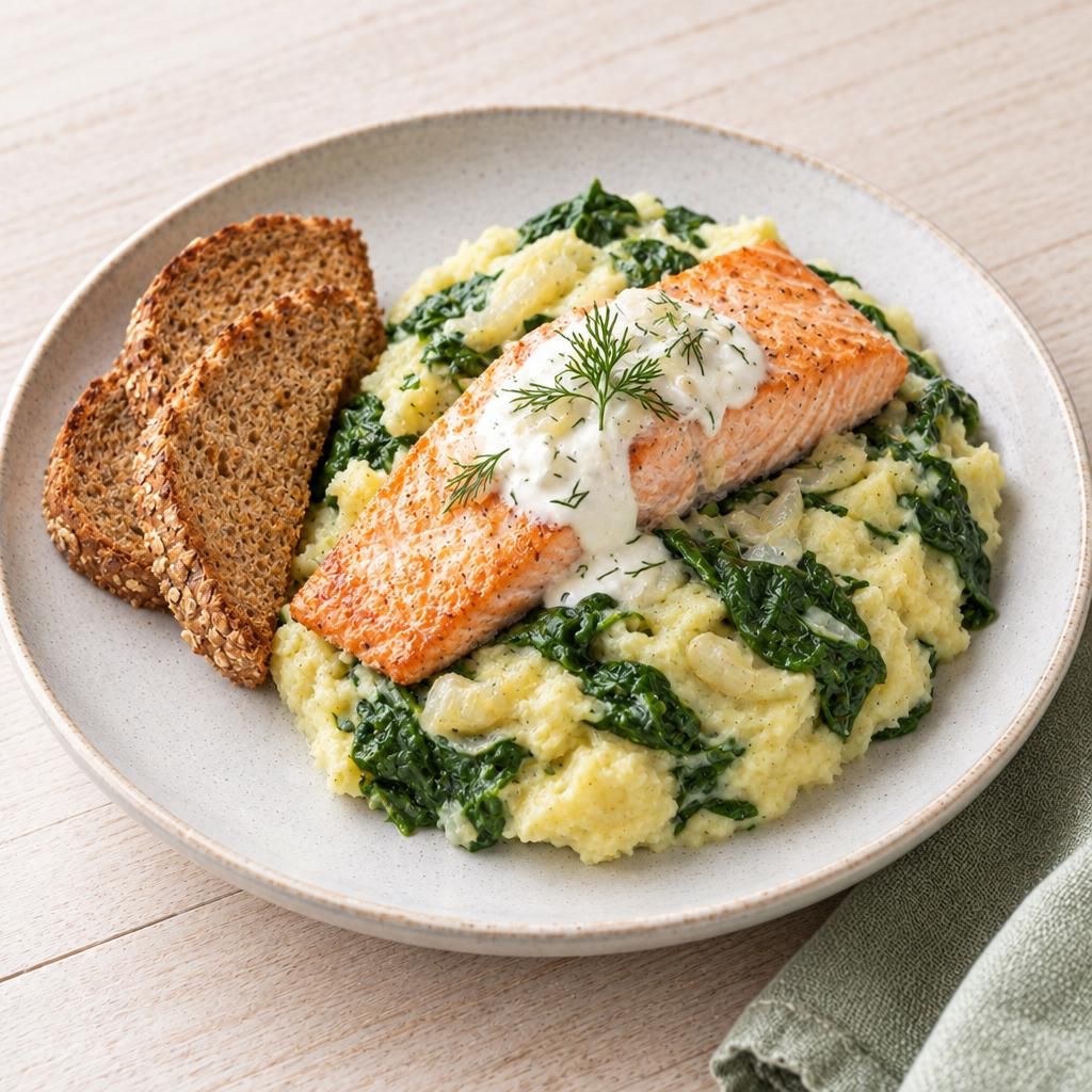 Kartoffelpüree mit Spinat und Lachs
