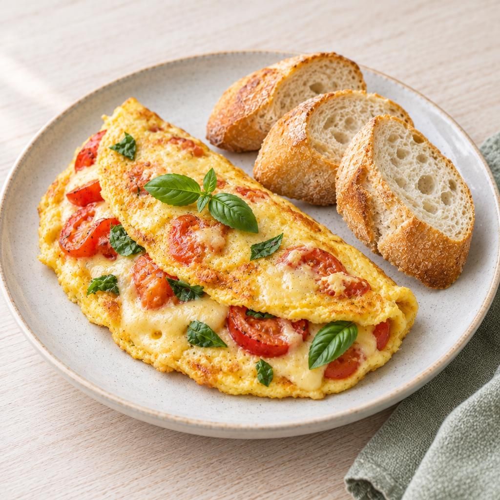 Omelette mit Tomaten und Baguette