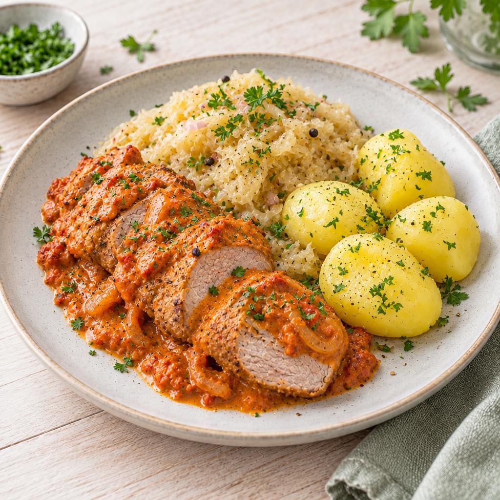 Schweinefilet mit Sauerkraut und Salzkartoffeln