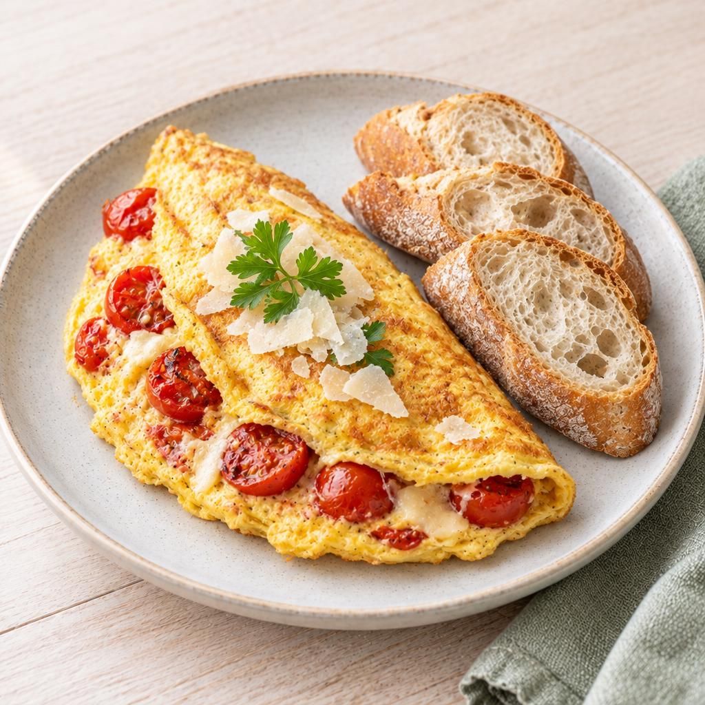 Omelett mit Cocktailtomaten und Baguette
