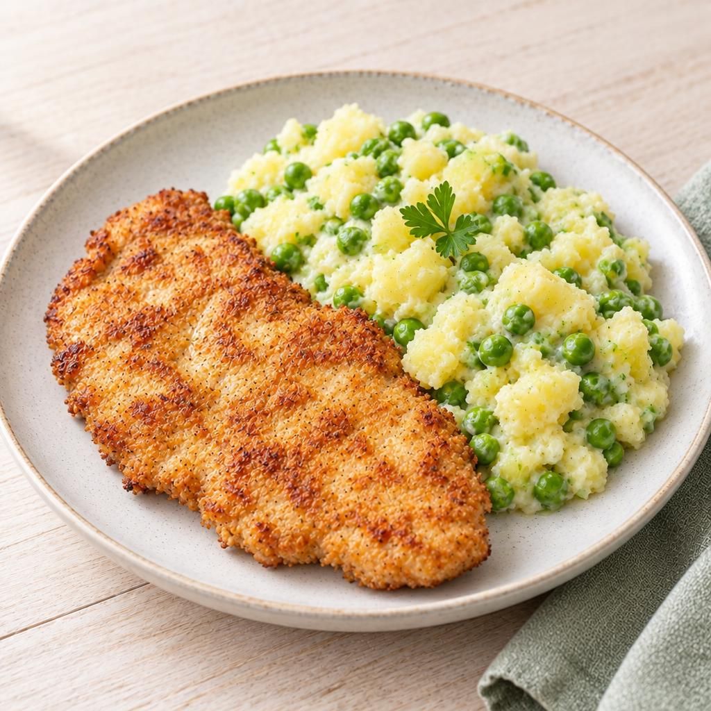 Putenschnitzel mit Erbsen-Kartoffelstampf
