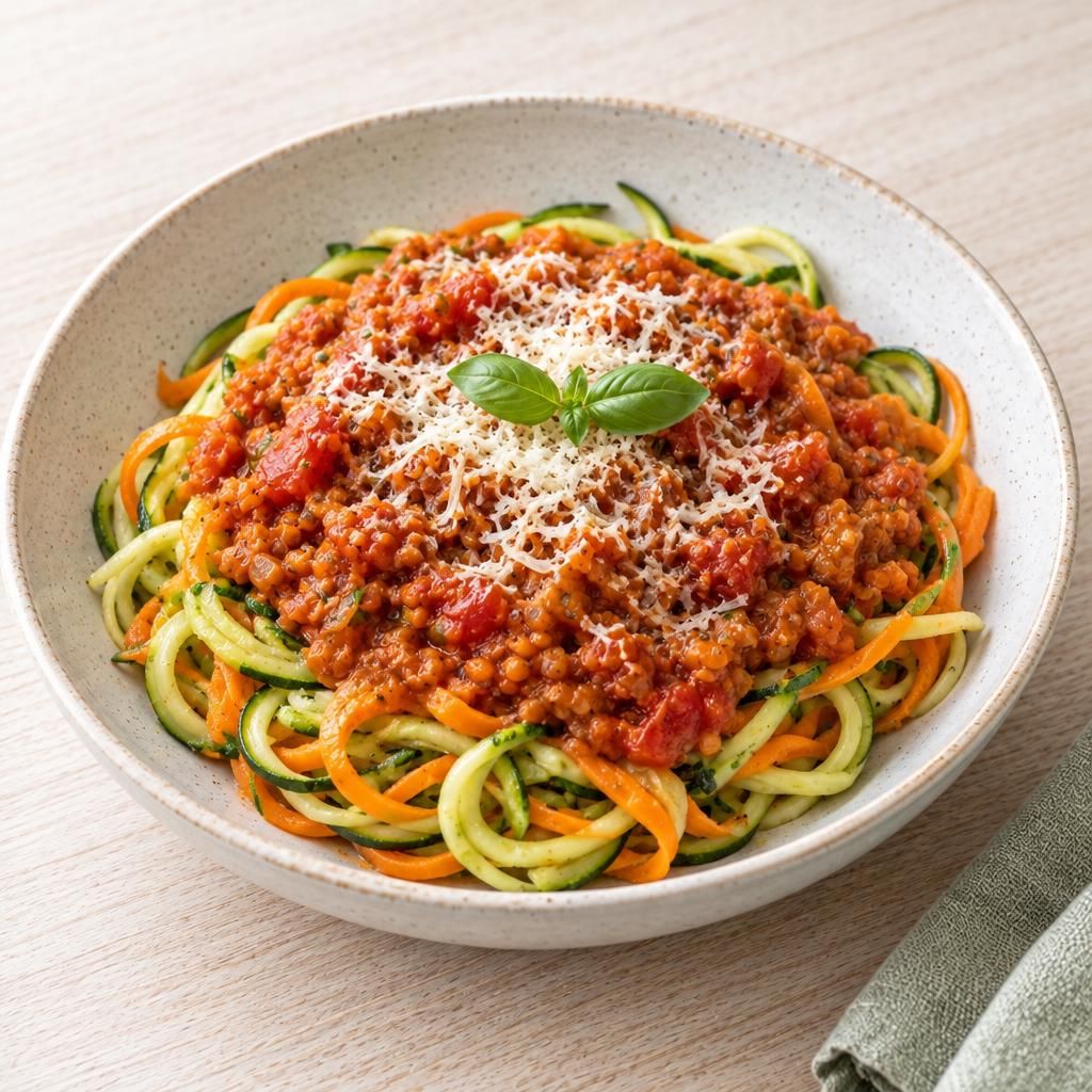 Gemüsenudeln mit Linsenbolognese