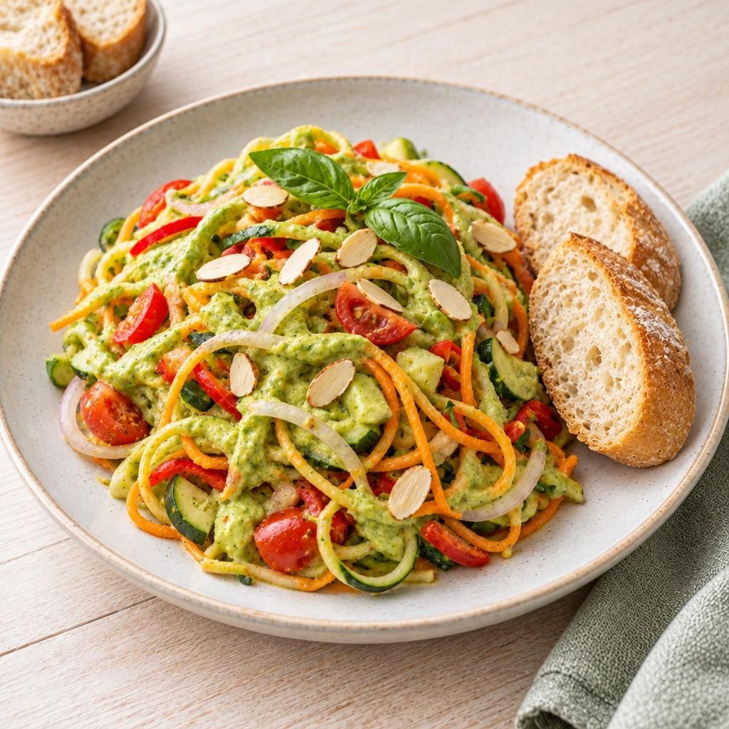 Gemüse-Spaghetti mit scharfer Avocadocreme und Baguette