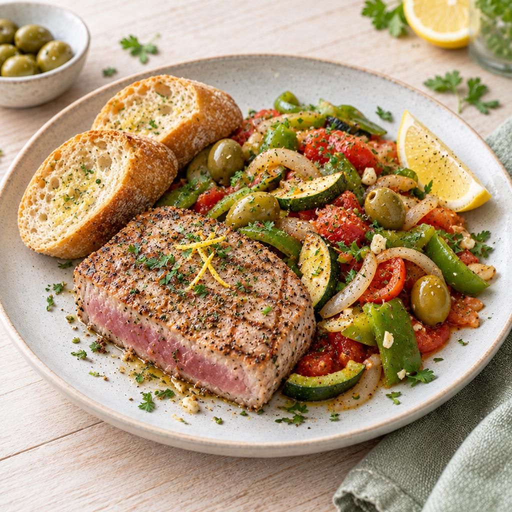 Thunfischsteak mit Gemüse und Baguette