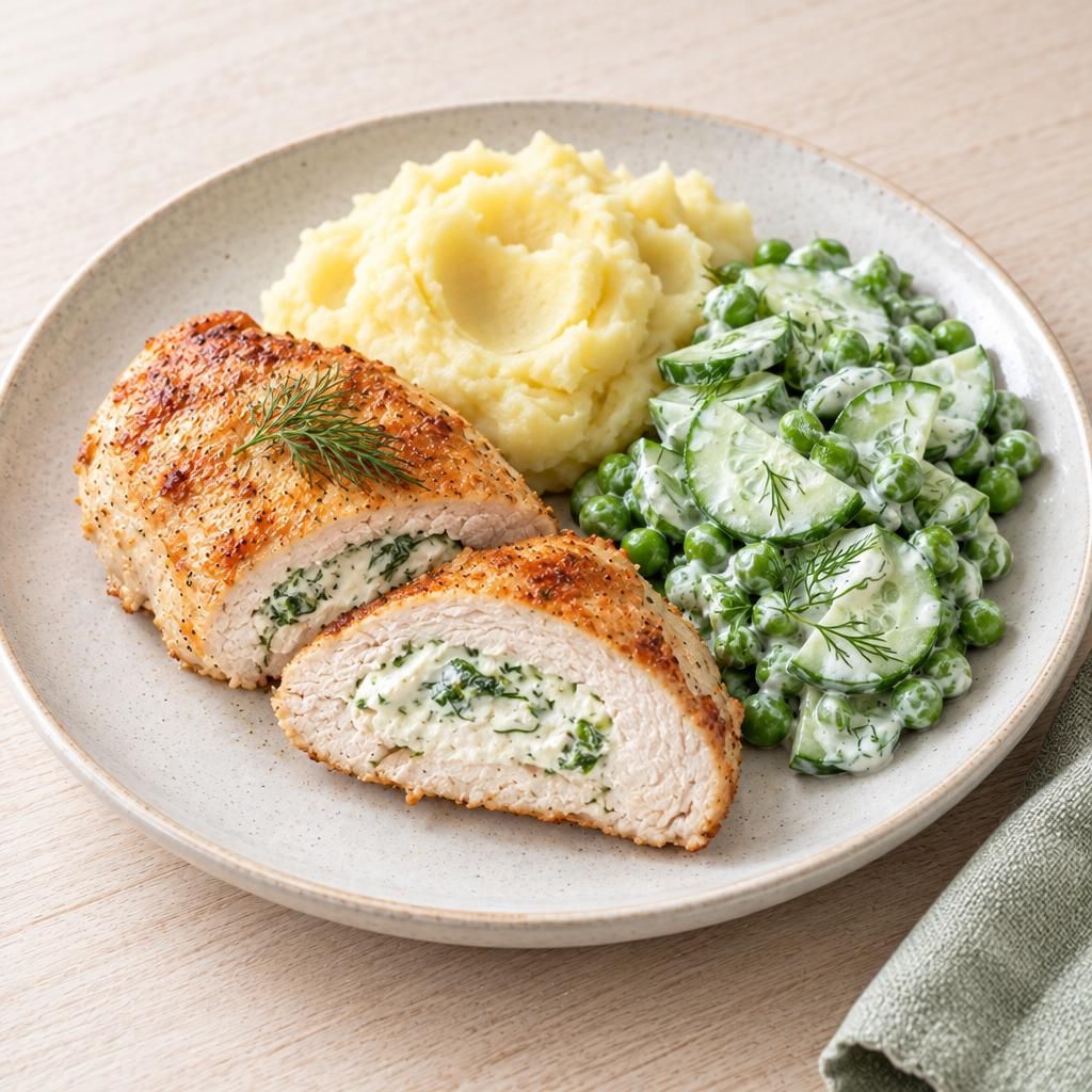 Gefülltes Hähnchen mit Püree und Salat