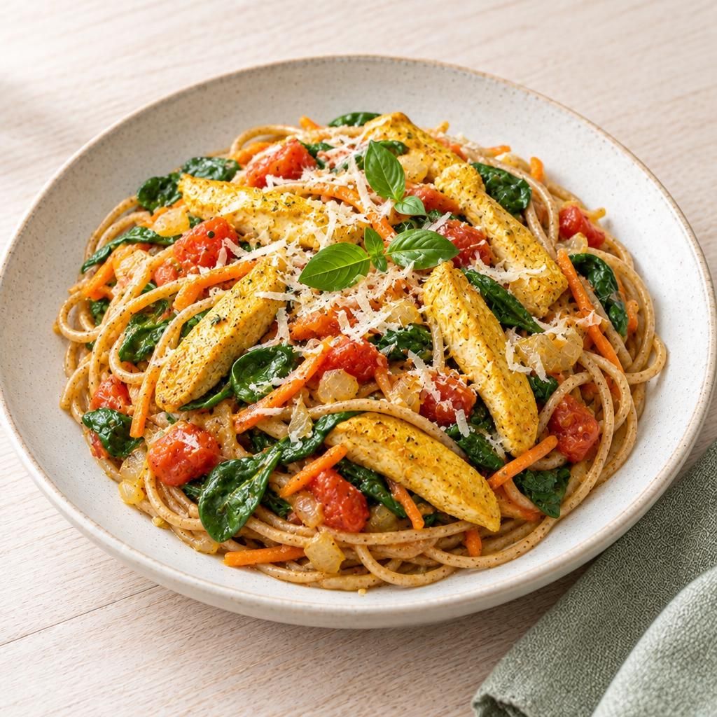 Kurkuma-Hähnchen-Streifen auf Spaghetti