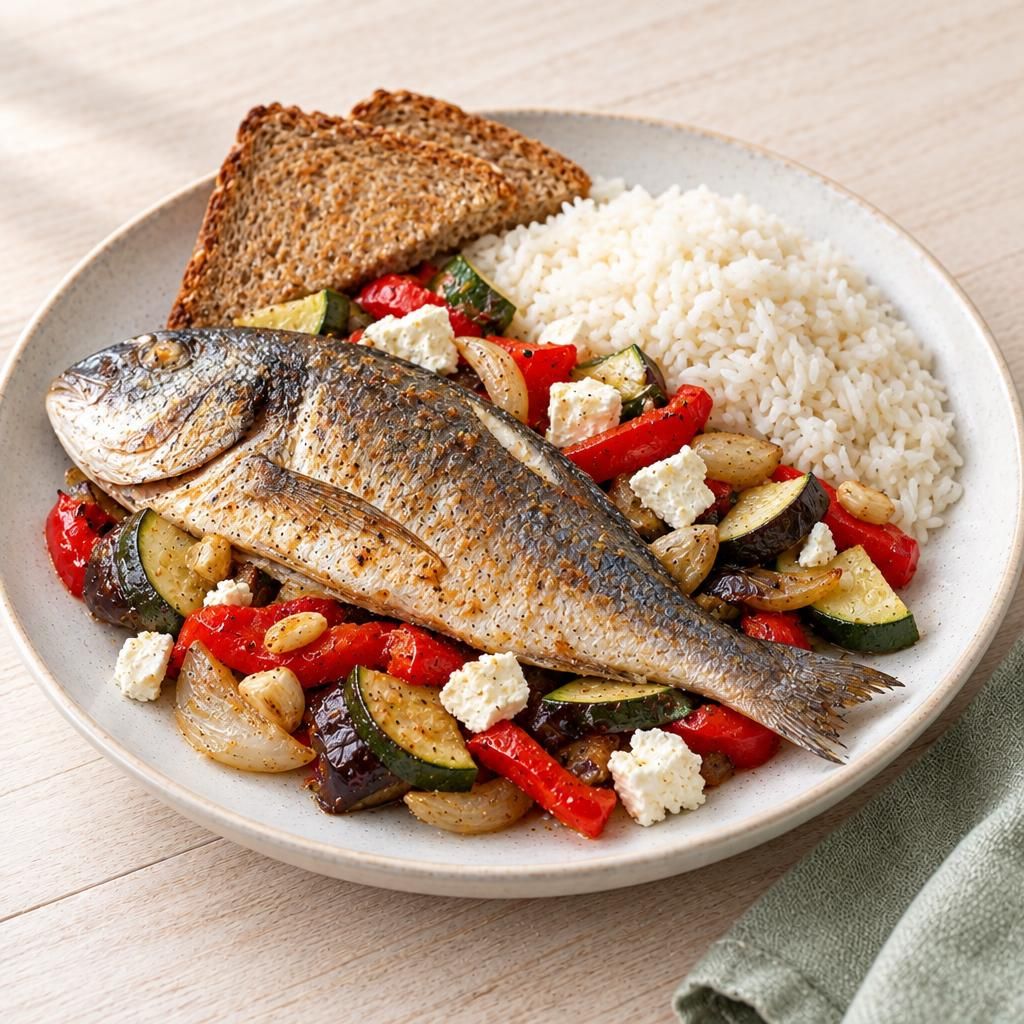 Mediterranes Gemüse und Dorade mit Reis