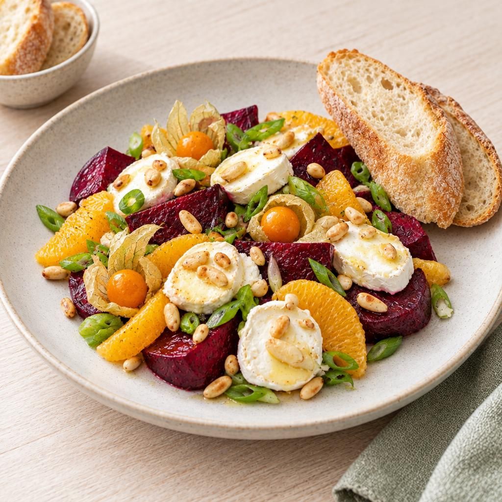 Rote Bete und Ziegenkäse mit Topping und Baguette