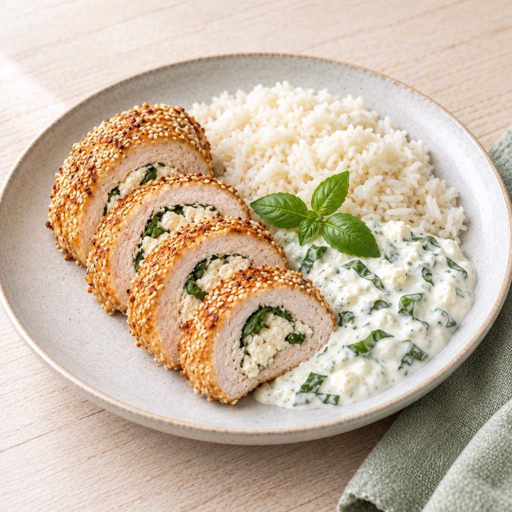 Putenroulade mit Sesam und Feta, dazu Reis