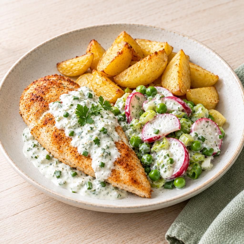 Hähnchen mit Kräuterquark und Frühlingsgemüse, dazu Kartoffelecken