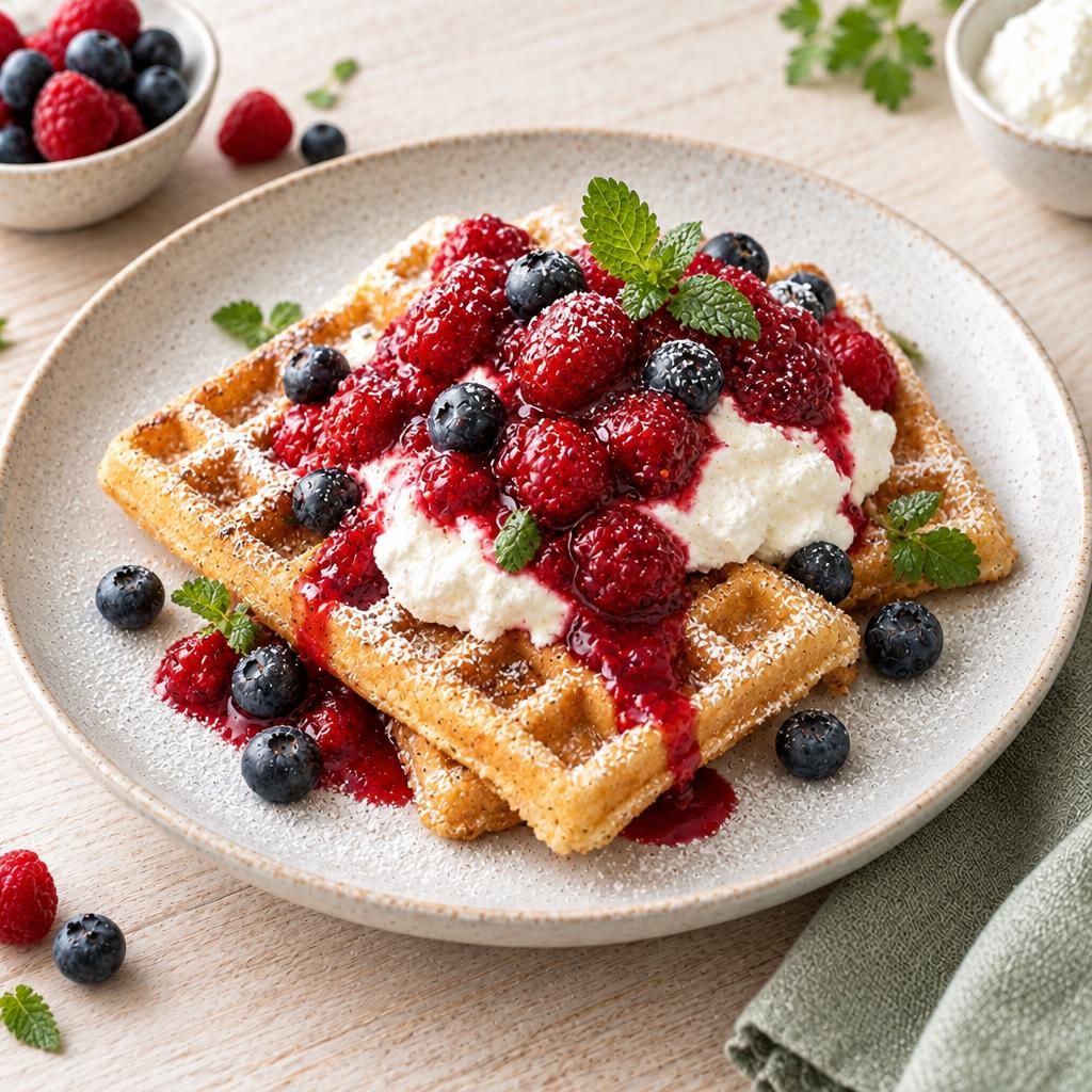 Waffeln mit Quark und heißen Himbeeren