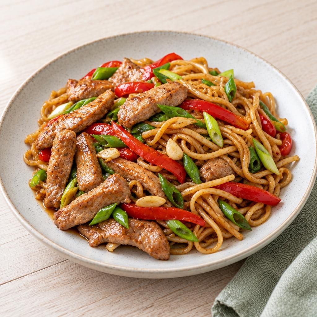 Asiatische Schweinefilet-Streifen mit Bratnudeln