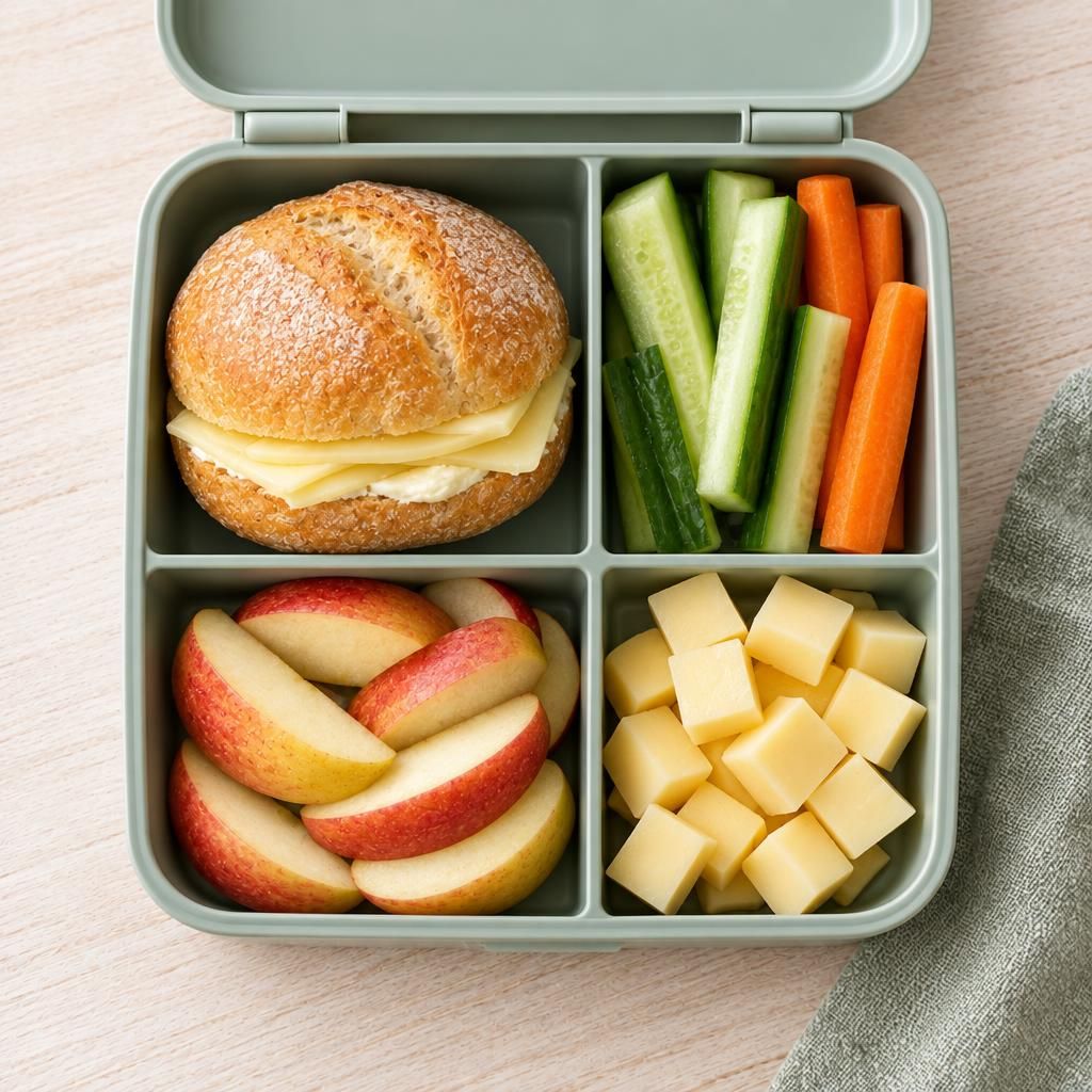Brotzeit mit Käsesemmel, Gurke, Apfel und Käsewürfeln