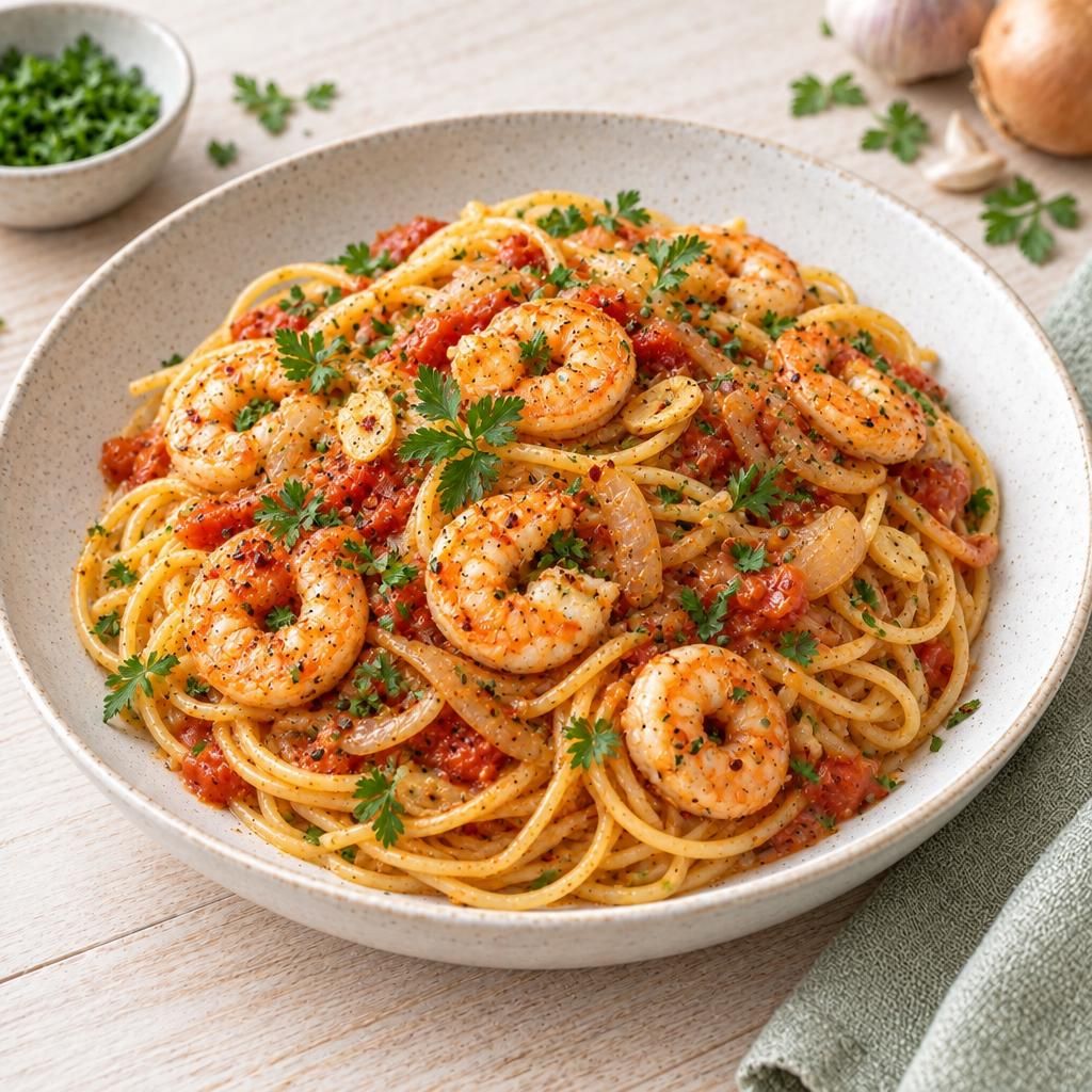 Spaghetti mit pikanter Tomaten-Garnelen-Sauce