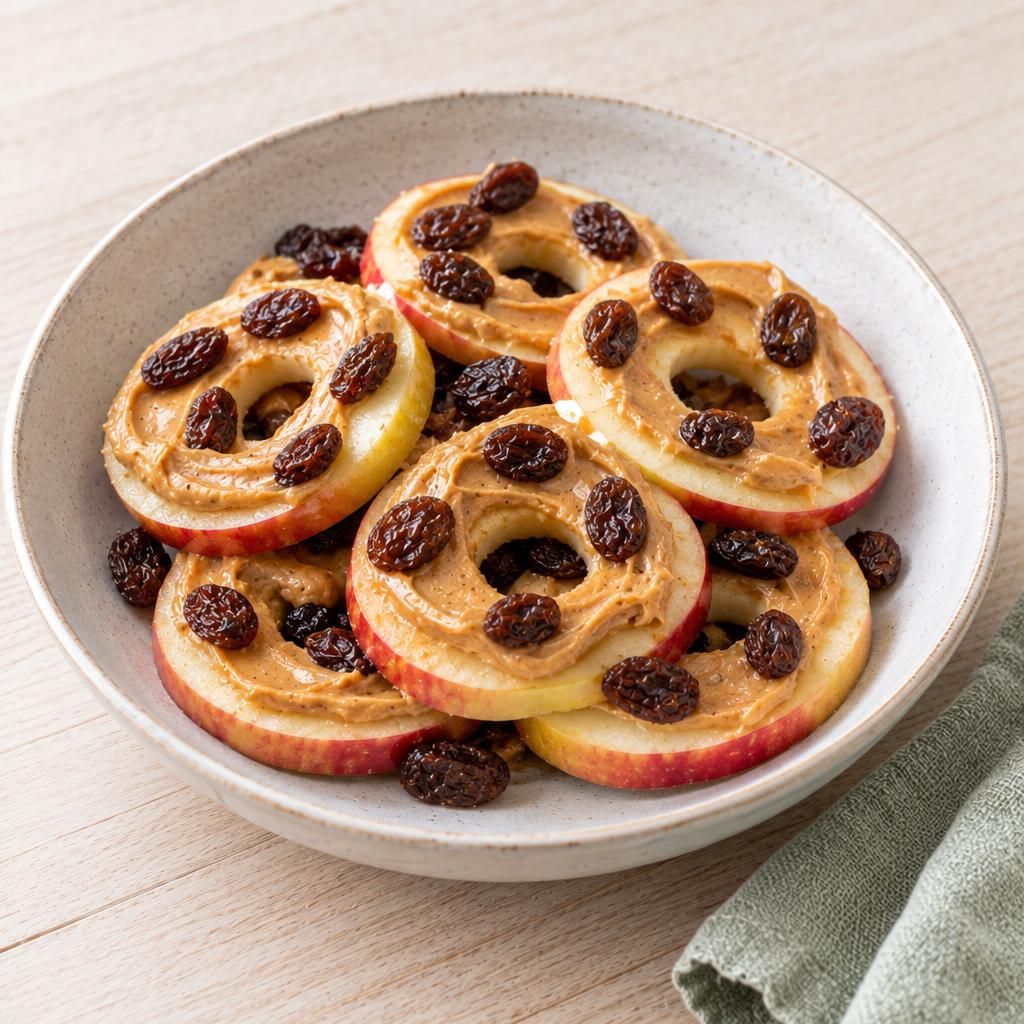 Apfelringe mit Erdnussbutter und Rosinen