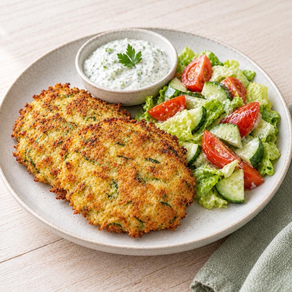 Kartoffel-Zucchini-Puffer mit Tzatziki und Salat