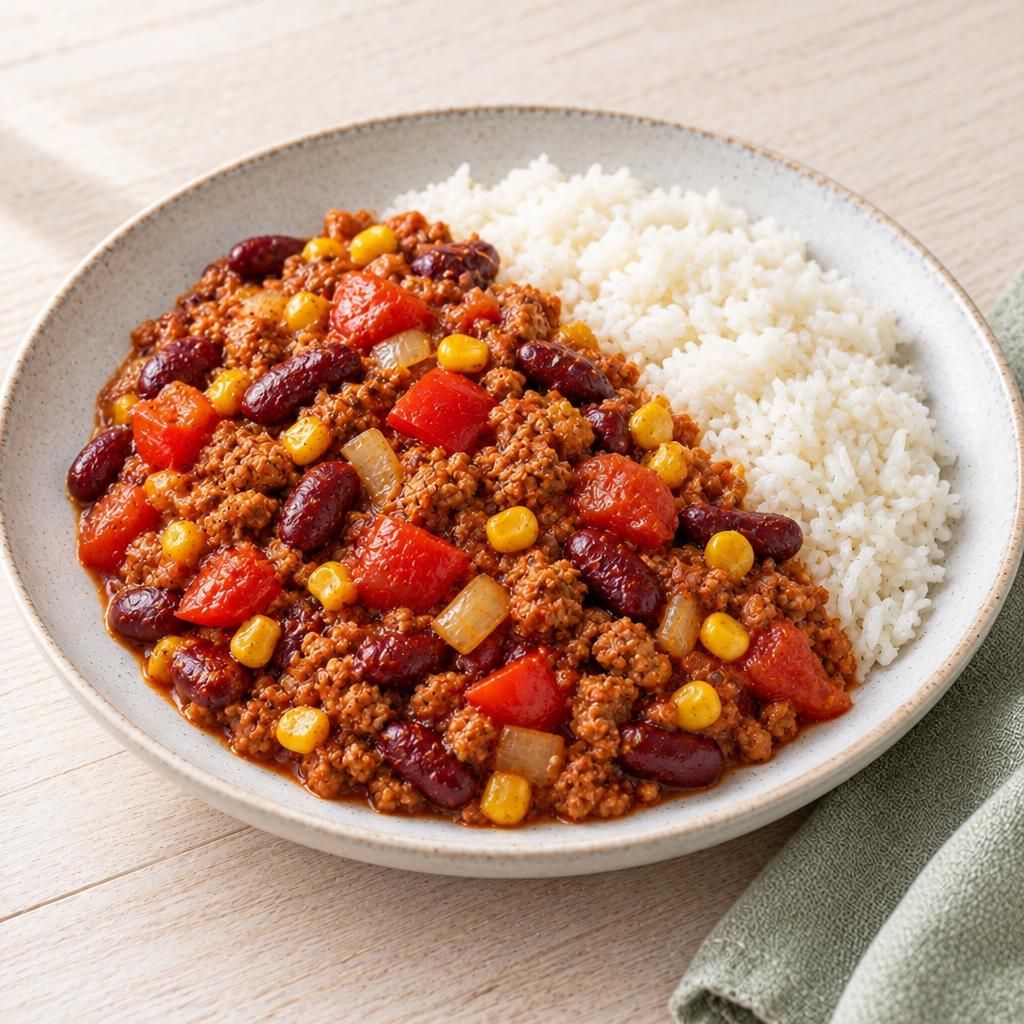 Chili mit Veggie-Hack und Reis