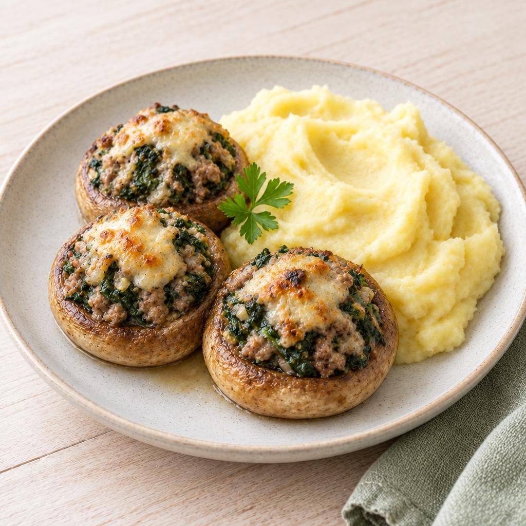 Champignons gefüllt mit Spinat und Hackfleisch, dazu Kartoffelpüree