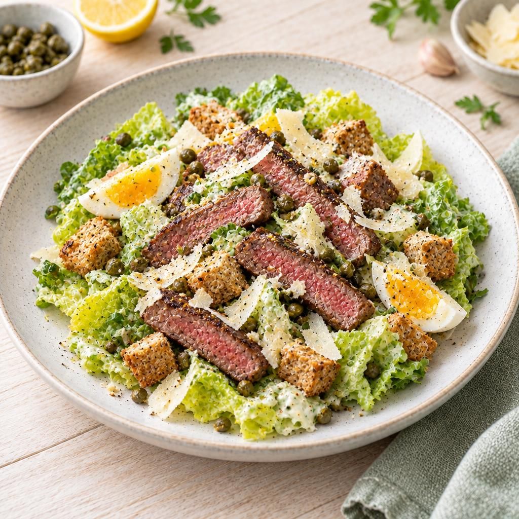 Steakstreifen auf Caesarsalat