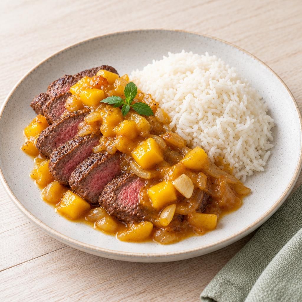 Mango-Chutney mit Steaks und Reis
