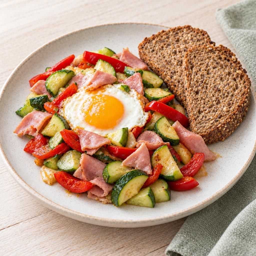 Gemüsepfanne mit Schinken und Ei, dazu Vollkornbrot