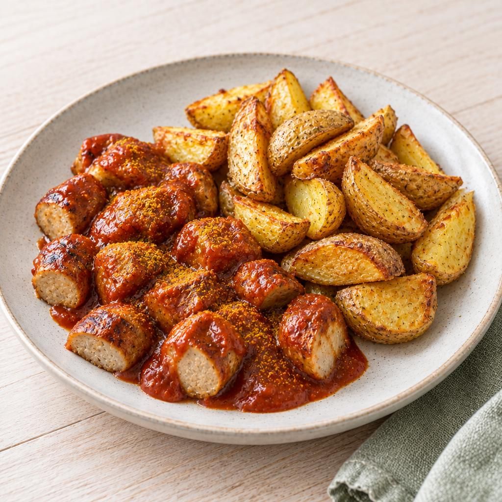 Currywurst mit Ofenkartoffeln