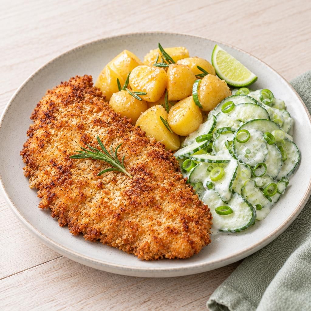 Parmesan-Schnitzel mit Honig-Kartoffeln