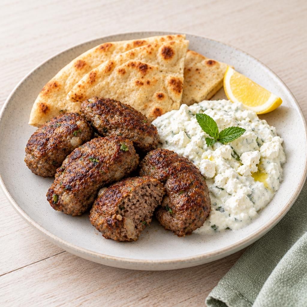Köfte mit Schafskäsecreme und Fladenbrot