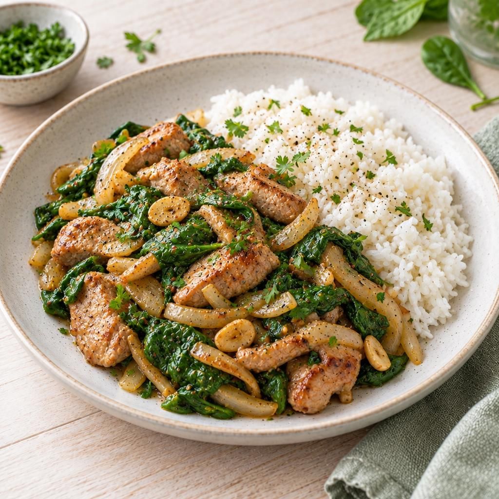 Schweinefleisch aus dem Wok mit Reis