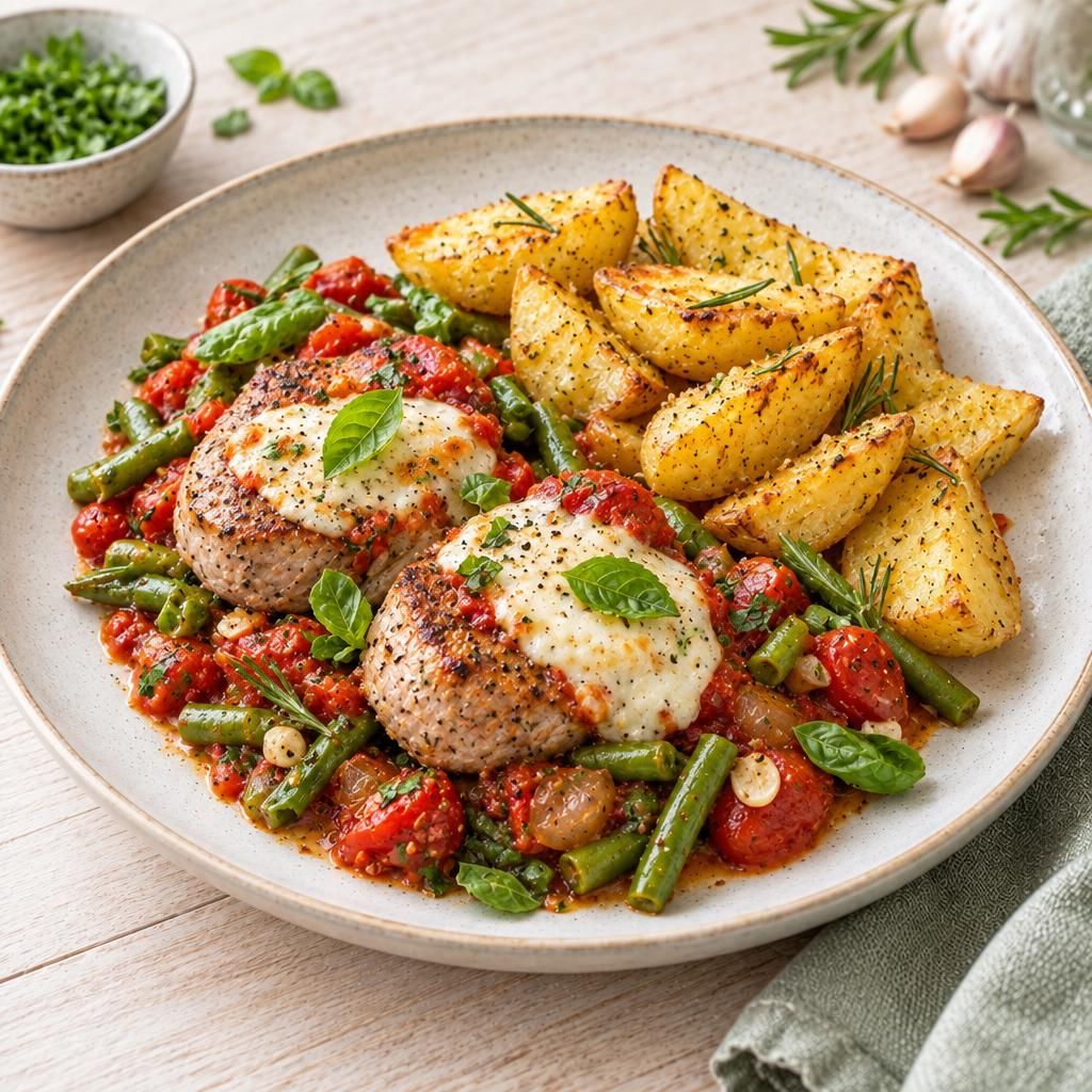 Schweinemedaillons mit Bohne-Tomaten-Gemüse und Kartoffelecken