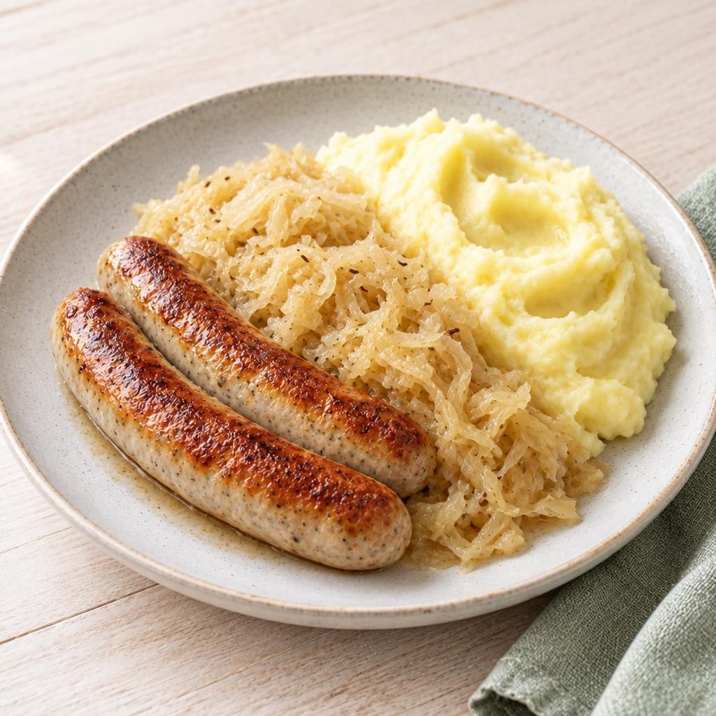 Bratwurst mit Sauerkraut und Kartoffelpüree