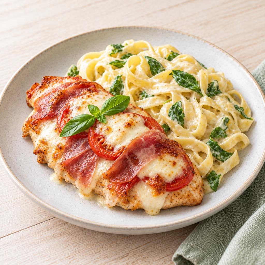 Mozzarella-Hühnchen mit Bandnudeln