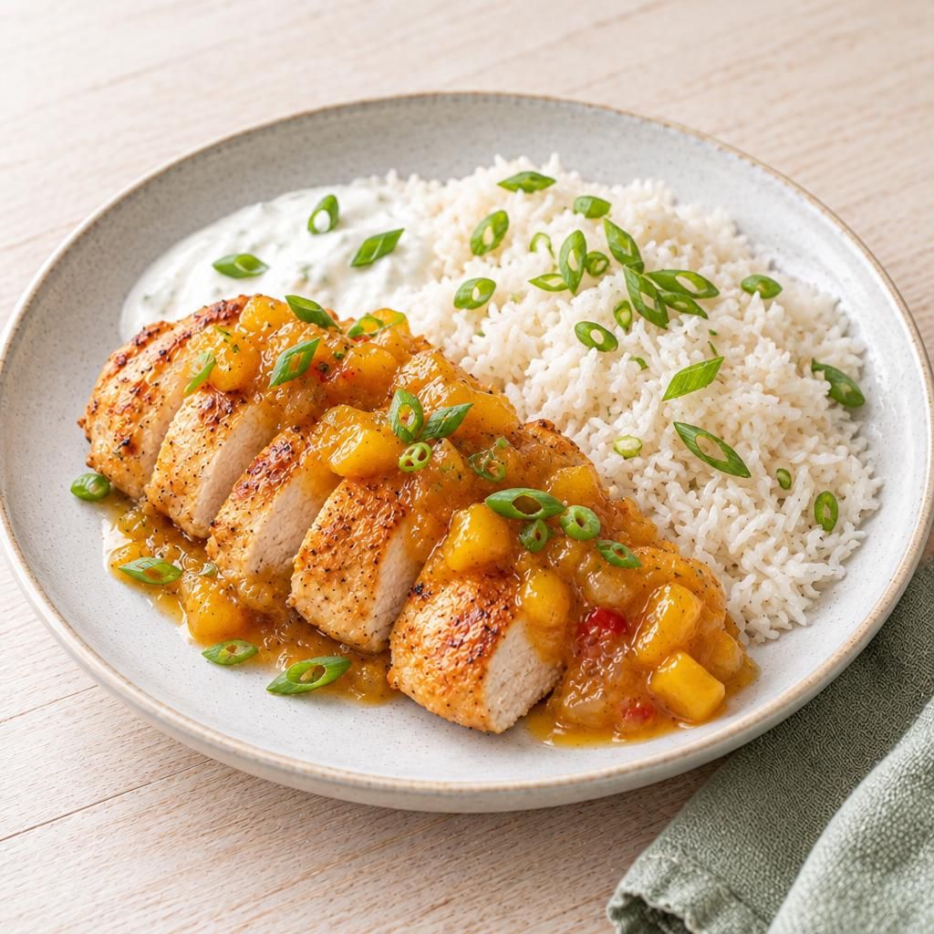 Hähnchen mit Mango-Chutney und Reis