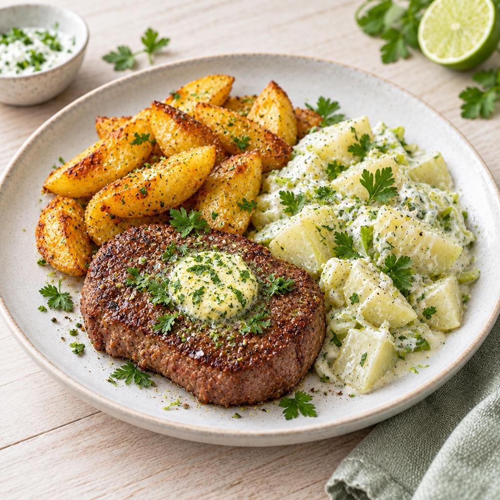 Steak mit Kohlrabi-Gemüse und Kräuterbutter, dazu Kartoffelecken