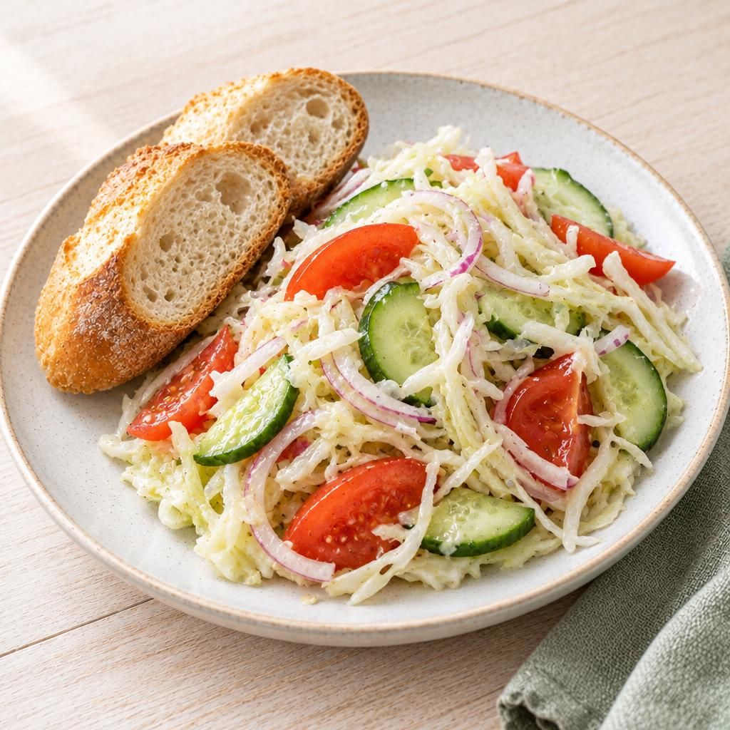 Krautsalat mit Gurke und Tomate, dazu Baguette