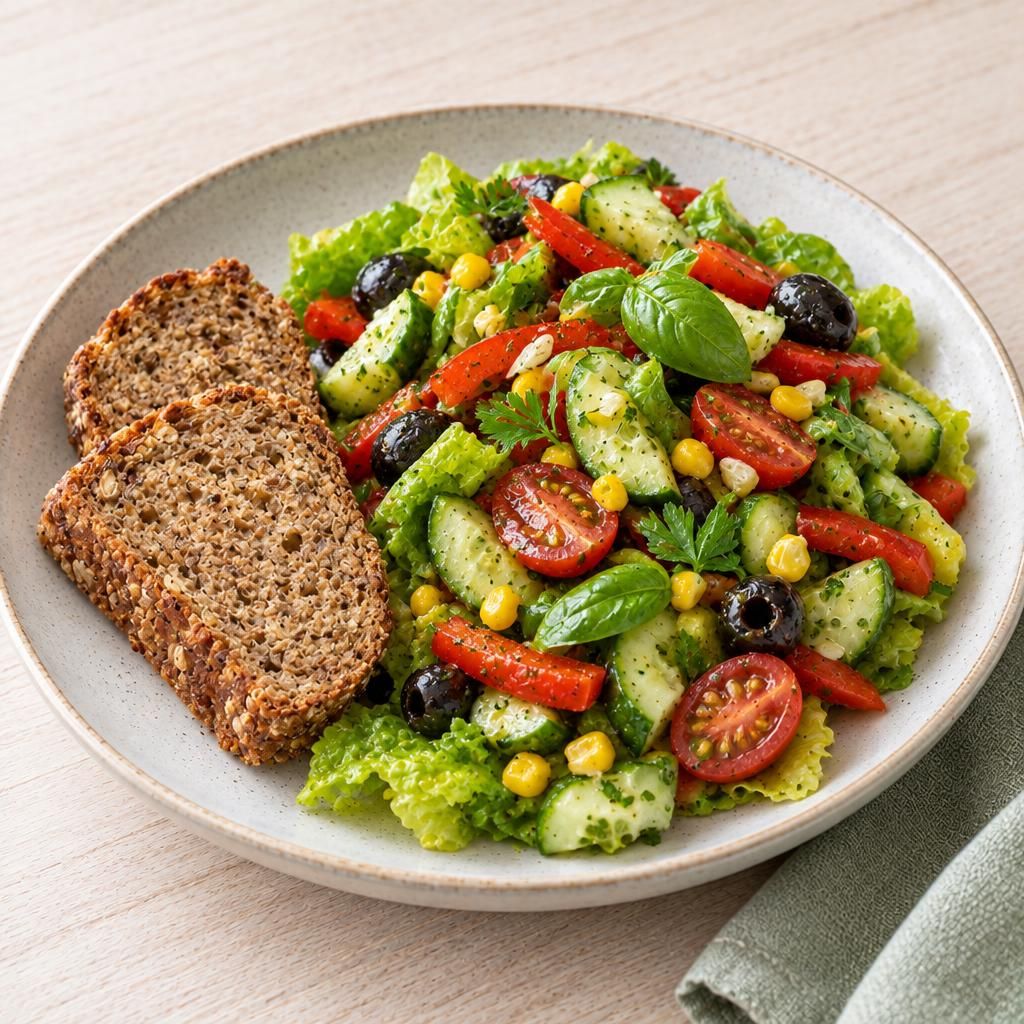 Bunter Salat mit Kräuter-Vinaigrette und Vollkornbrot
