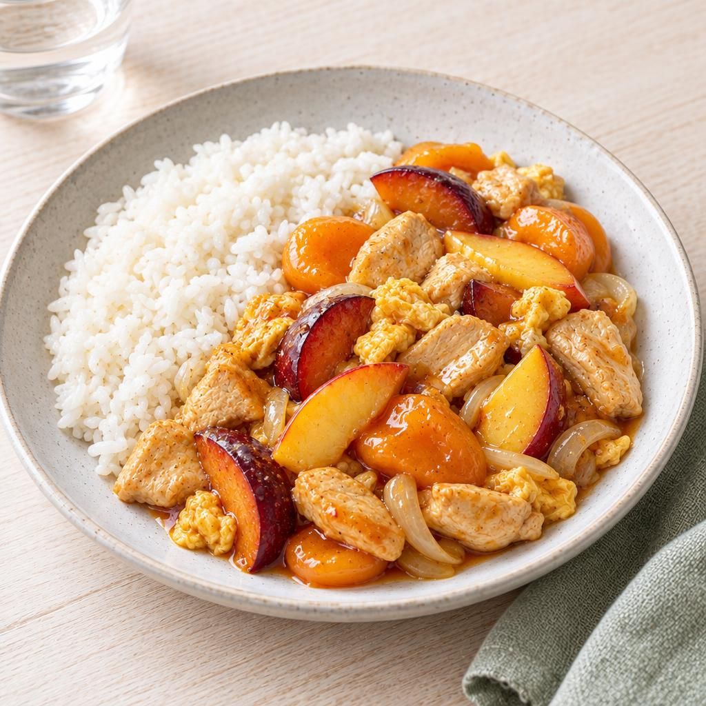 Hähnchen in scharfer Obstpfanne mit Reis